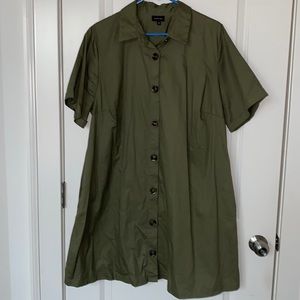 100% Cotton Olive Green Shirt Dress with Button Front and Pockets!
